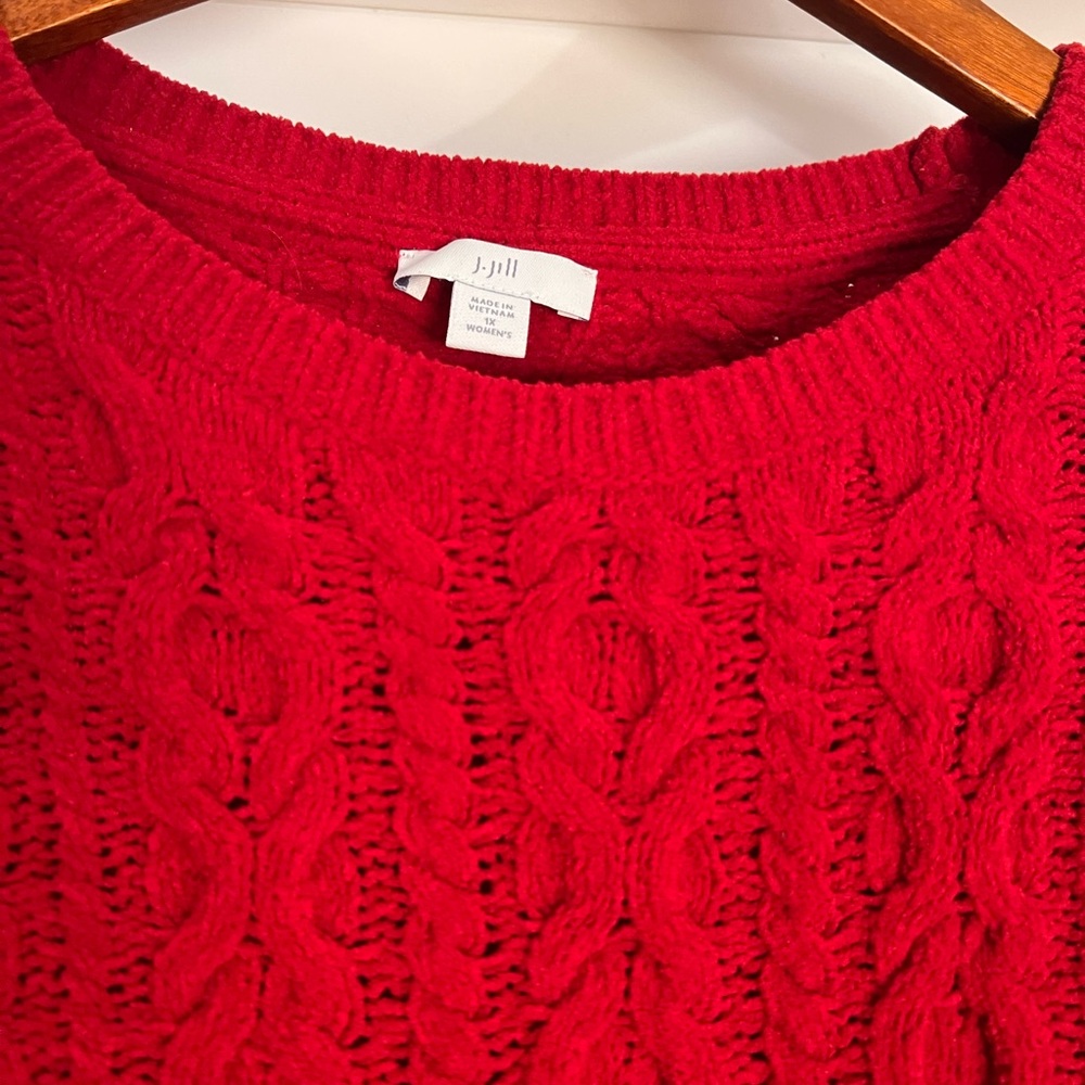 J. Jill Size 1X Chenille Red Cable Knit Sweater Top Tunic Pullover Cozy Crewneck
